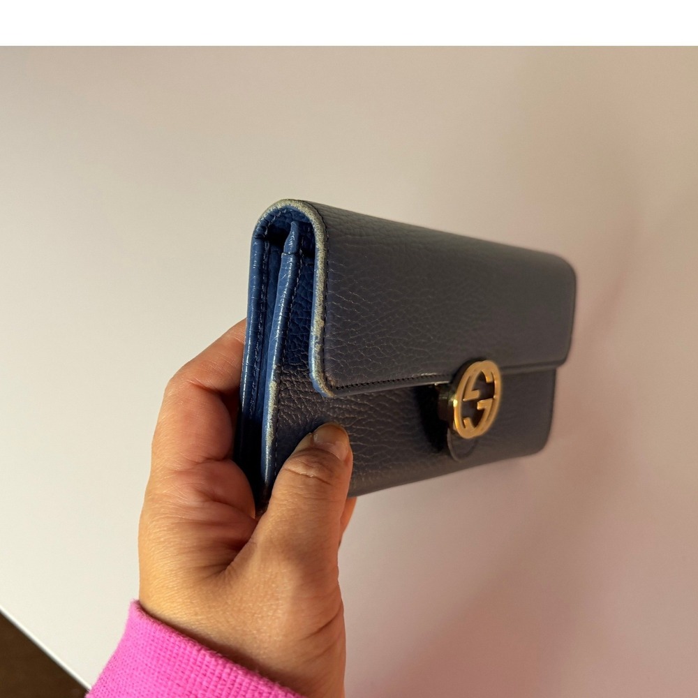 Gucci Interlocking G Continental Wallet Blue Pebbled Calfskin Gold Hardware - Picture 10 of 14